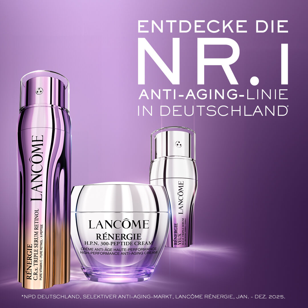 Die Lancome Renergie Anti-Aging Pflegelinie mit Retinol-Serum und passender Gesichtscreme mit LSF 50 und Augenserum.