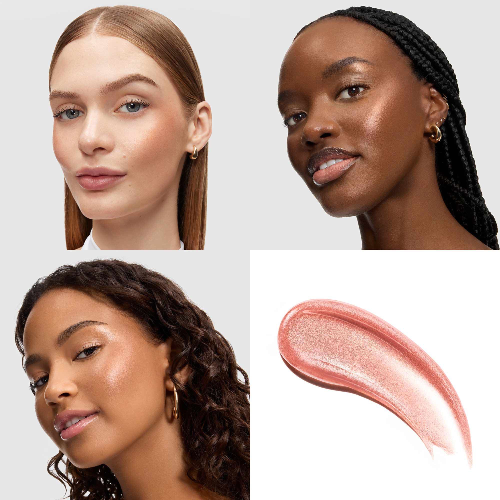 Drei Models mit unterschiedlichen Hauttonen, die einen strahlenden Wangenglow zeigten.