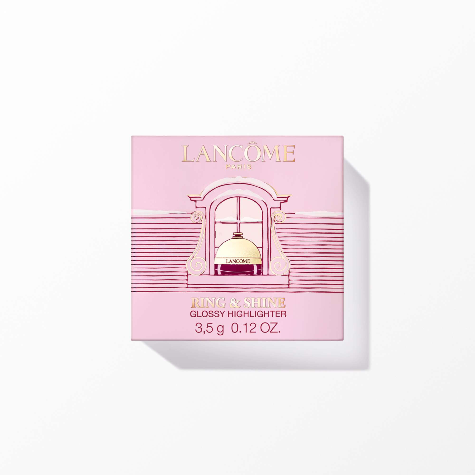 Rosa Produktverpackung fur den Ring & Shine Glossy Highlighter von Lancome mit einem illustrierten Fensterdesign.