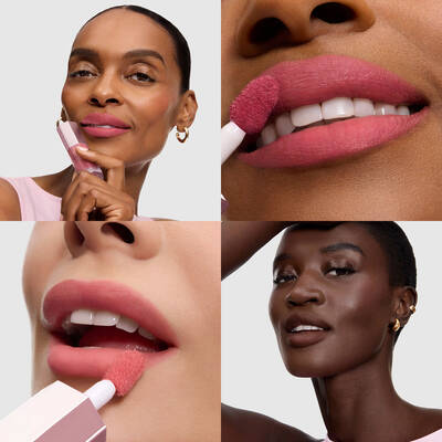 Collage, die die Anwendung und das fertige Aussehen von Models mit unterschiedlichen Hauttonen zeigt.