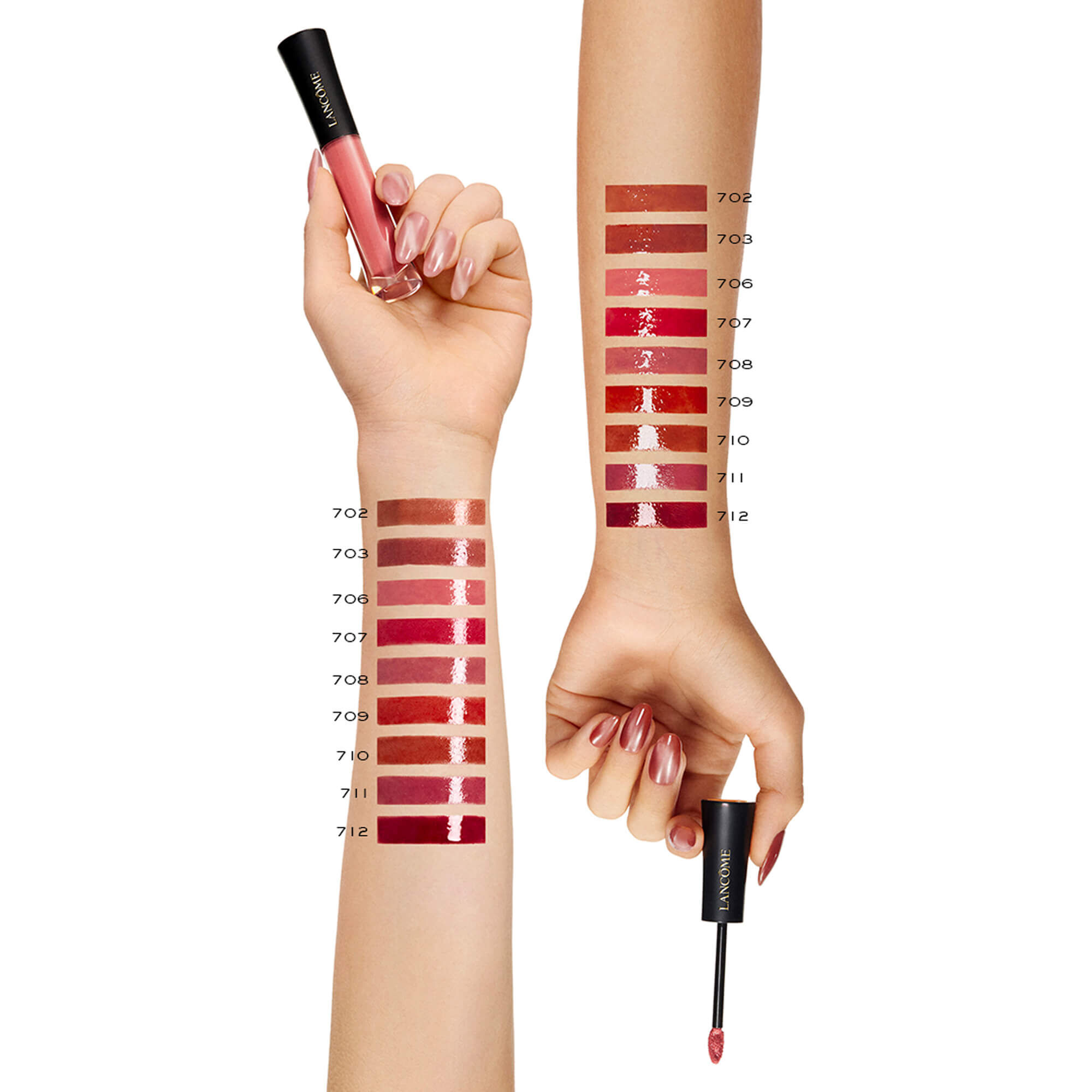Eine Sammlung glanzender Muster von Lancome L'Absolu Rouge Glaze Tintation auf zwei verschiedenen Hauttonen, die eine Vielzahl von Farbtonen von Nudes bis zu tiefen Rottonen zeigen.