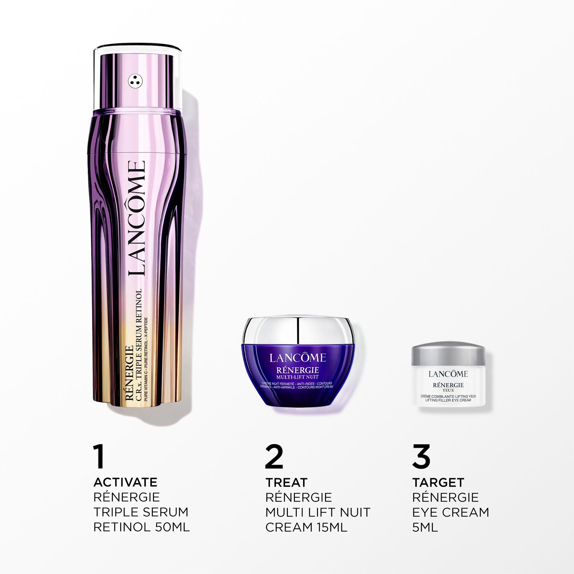 Abbildung der folgenden Produkte auf weißem Hintergrund: - RENERGIE C.R.X TRIPLE SERUM RETINOL 50ML - RENERGIE MULTI-LIFT NUIT CREAM 15ML - RENERGIE EYE CREAM 5ML MINI