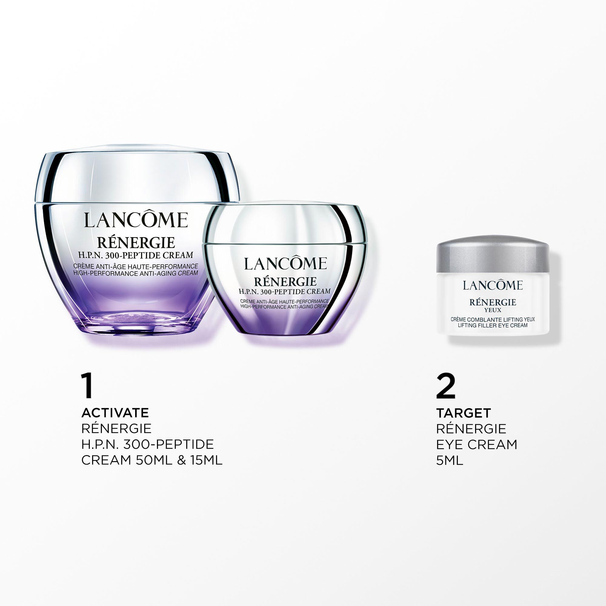 Abbildung der folgenden Produkte auf weißem Hintergrund: - RENERGIE H.P.N. 300-PEPTIDE CREAM 50ML - RENERGIE H.P.N. 300-PEPTIDE CREAM 15ML - RENERGIE EYE CREAM 5ML MINI