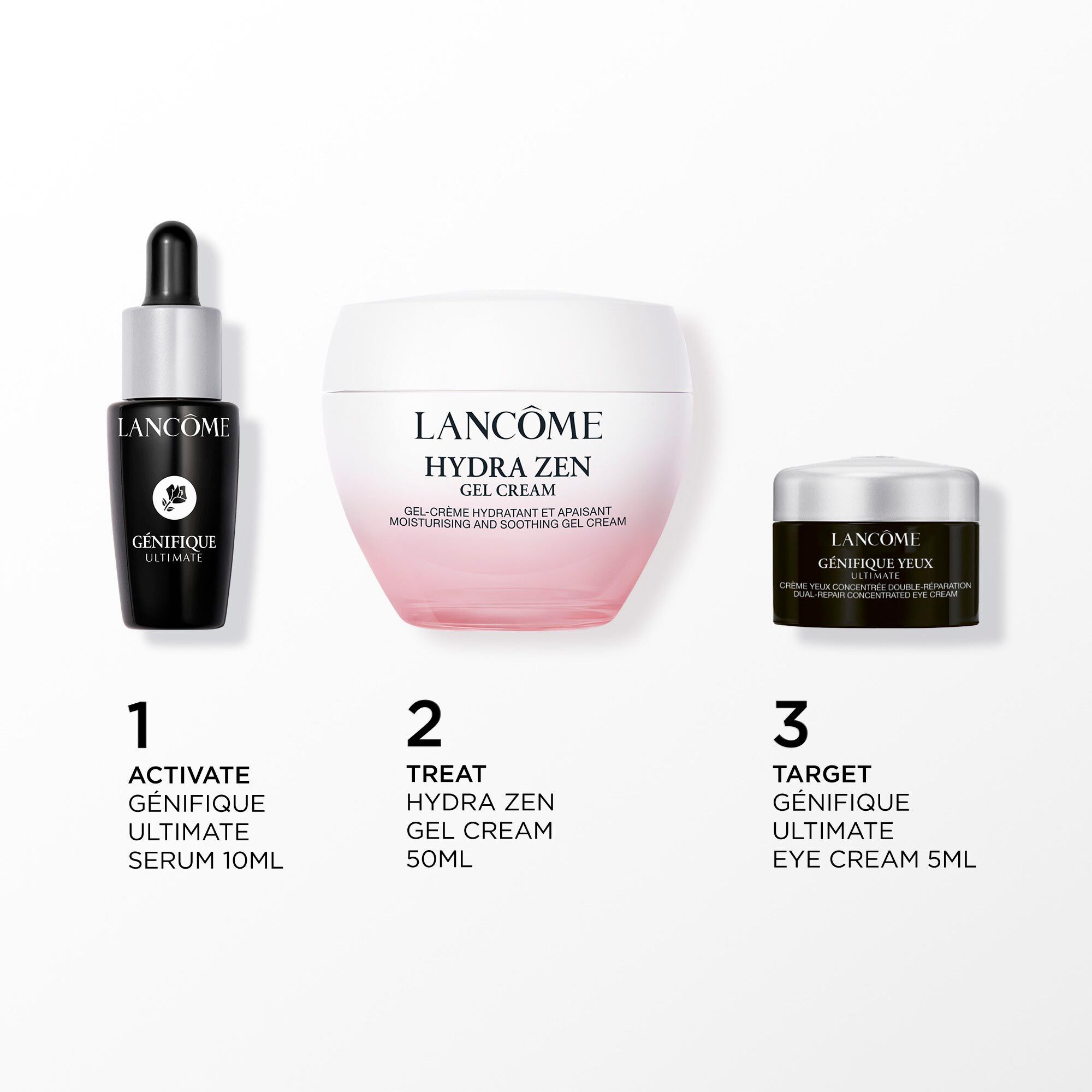 Abbildung der folgenden Produkte auf weißem Hintergrund: - HYDRA ZEN GEL CREAM 50ML - GENEFIQUE ULTIMATE SERUM 10ML - GENEFIQUE EYE CREAM 5ML MINI