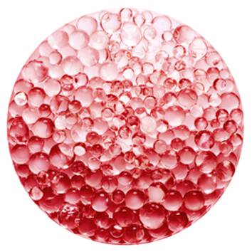 Runde, rote Oberflache bedeckt mit vielen transparenten, glanzenden Blasen.