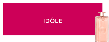 Bild eines Parfums in transparentem Flakon mit der Aufschrift „IDOLE“ auf pinkem Hintergrund.