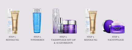 Bild einer Hautpflegeroutine mit funf Schritten: Schritt 1 - Reinigung, Schritt 2 - Toning, Schritt 3 - Tagespflege fur Gesicht und Augen, Schritt 4 - Reinigung, Schritt 5 - Nachtpflege. Die Produkte stammen von Lancome.