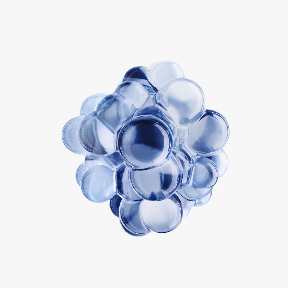 Ein transparentes, blaues Kugelobjekt, das aus mehreren verbundenen, runden Blasen besteht.
