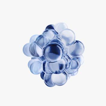 Ein transparentes, blaues Kugelobjekt, das aus mehreren verbundenen, runden Blasen besteht.