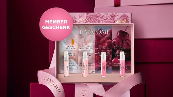 Lancome-Set mit vier La vie est belle Mini-Duften in einer rosa Geschenkbox; Hinweis „Member Geschenk“.