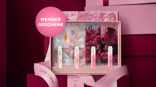Lancome-Set mit vier La vie est belle Mini-Duften in einer rosa Geschenkbox; Hinweis „Member Geschenk“.