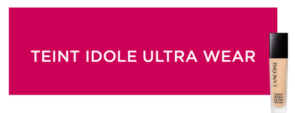 Alt-Text: Werbebild fur Lancome Teint Idole Ultra Wear, mit einem rosa Hintergrund und einer Foundation-Flasche.