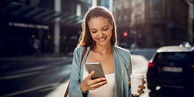 Eine Junge Frau unterwegs mit einem Kaffeebecher und einem Mobiltelefon in der Hand.