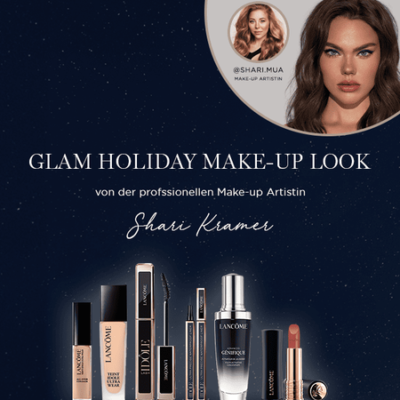 Eine Grafik mit einer Auswahl an Makeup-Produkten von Lancome und einem glamourosen Urlaubs-Make-up-Look, prasentiert von der professionellen Makeup-Kunstlerin Shari Klemer.