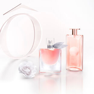 Zwei Parfumflaschen in sanften Rosatonen, umgeben von einer weißen Blume und einem dekorativen Element im Hintergrund.