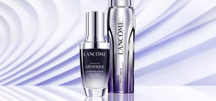 Dekoratives Bild: Darstellung des Renergie H.C.F. Triple Serums und des Genifique Ultimate Serums vor einem violetten Hintergrund.