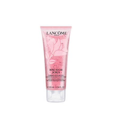 Eine rosa Tube Lancome Rose Sugar Scrub, ein sanftes Peeling mit Zuckerkornern und Rosenwasser, 100 ml.