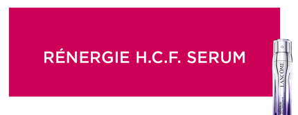 Alt-Text: Ein fuchsianfarbener Hintergrund mit dem Text „RENERGIE H.C.F. SERUM“ und einer Flasche des Lancome-Serums im Vordergrund.