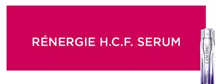 Alt-Text: Anzeige fur das RENERGIE H.C.F. SERUM von Lancome, mit einem lila-serumflaschchen vor einem pinken Hintergrund.