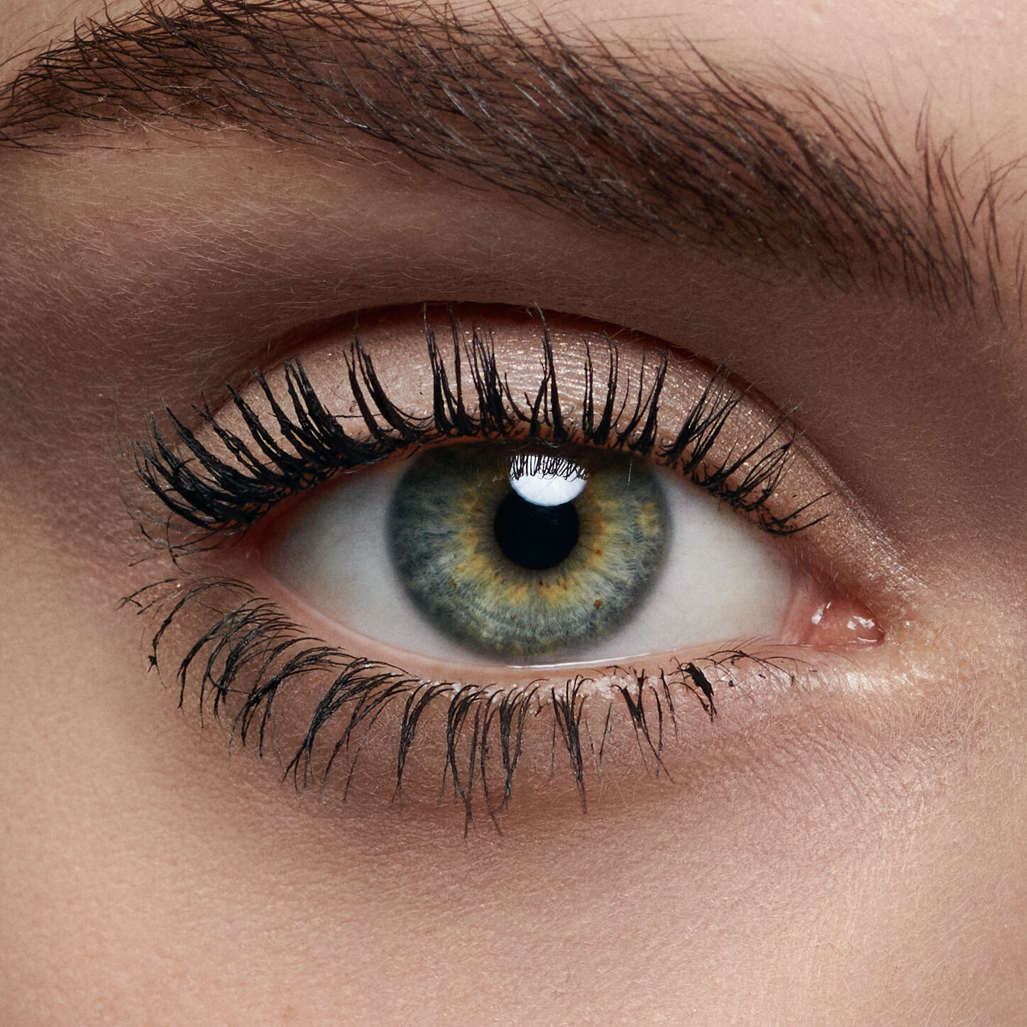 Nahaufnahme eines menschlichen Auges mit gruner Iris, schwarzer Pupille und langen Wimpern.