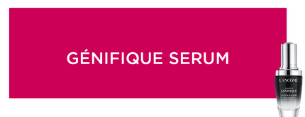 Kurze Beschreibung eines Serums von Lancome, mit dem Namen "Genifique Serum", auf einem pinken Hintergrund.
