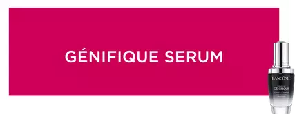 Kurze Beschreibung: Bild eines Lancome Genefique Serums auf pinkem Hintergrund mit dem Text "GENIFIQUE SERUM".
