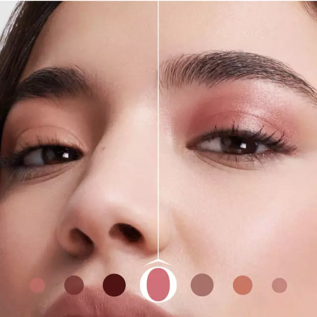 Nahaufnahme eines Gesichts einer Person mit sanftem Make-up und braunen Tonen, darunter eine Farbpalette.