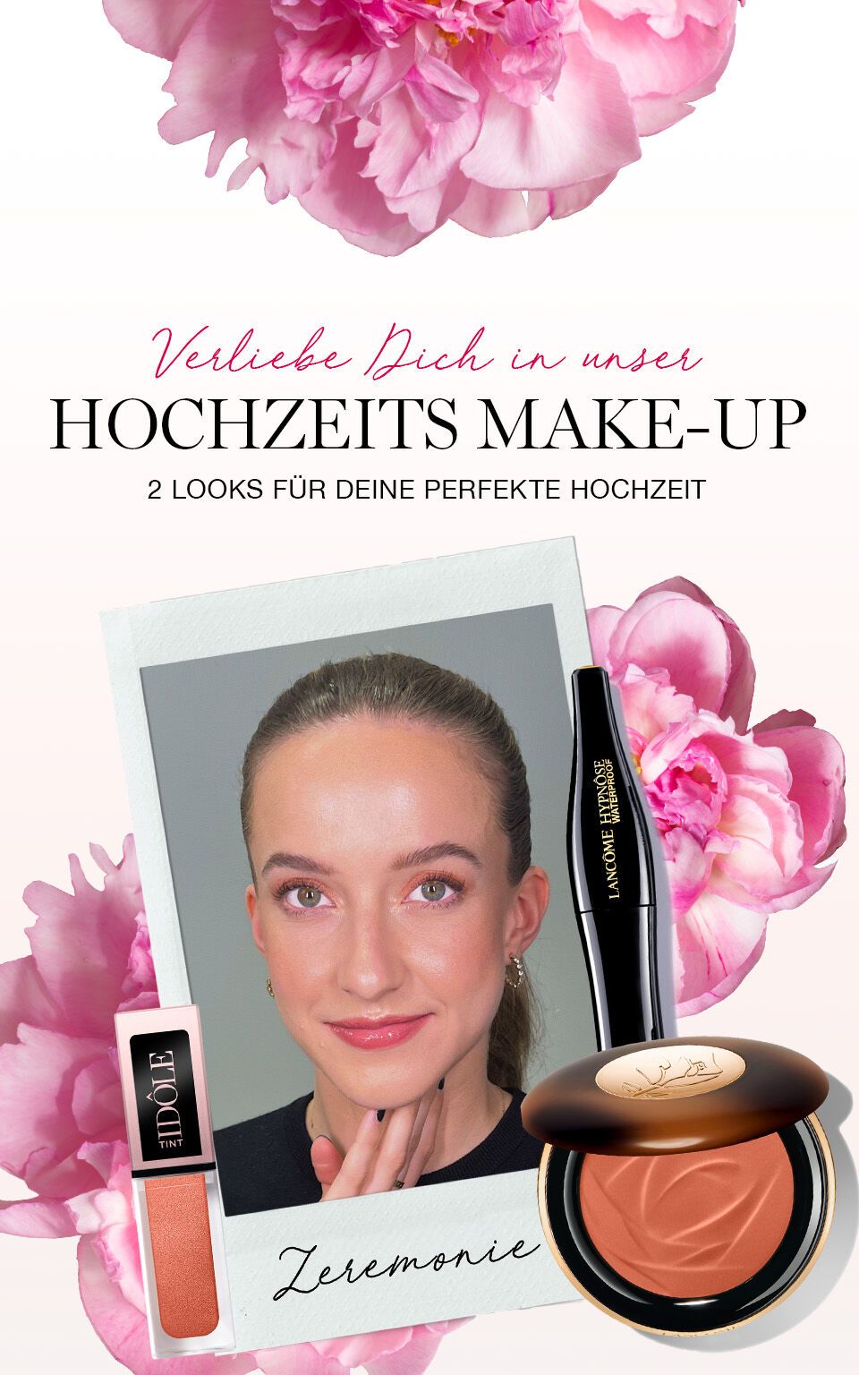 Eine stilvolle Ankundigung fur Hochzeits-Make-up mit einem Foto von einer Frau, die einen eleganten Look tragt, umgeben von rosa Blumen und Make-up-Produkten. Der Text hebt zwei Looks fur die perfekte Hochzeit hervor.