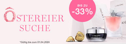 Alt-Text: Werbeflache fur exklusive Lancome-Produkte mit reduziertem Preis von bis zu 33%, prasentiert zusammen mit einem Parfum und Hautpflegeartikeln.