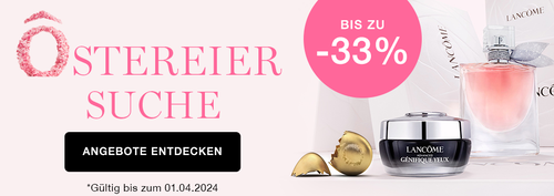 Kurze Werbung fur exklusive Angebote von Lancome mit Rabatt von bis zu 33%. Produkte sind hochwertig prasentiert, darunter Parfum und Hautpflege.