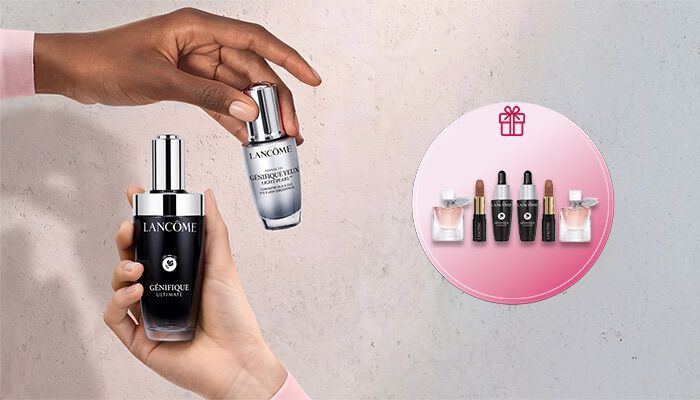 Hande halten Lancome Genifique Seren neben einem Geschenk-Symbol mit einem Aktions-Set auf der rechten Seite.