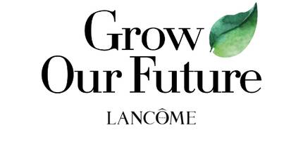 Alt-Text: Logo von Lancome mit dem Slogan "Grow Our Future" und einem grunen Blatt.