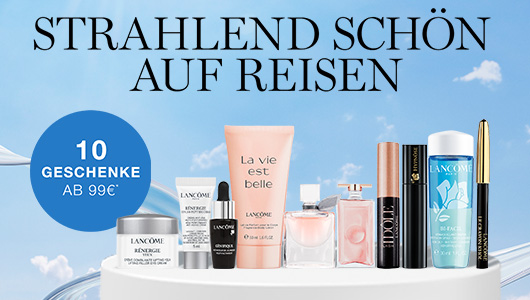 Ein zerbrochenes Ei enthält verschiedene Makeup-Produkte. Text: '4 Geschenke ab 89€'. Pastellfarbener Hintergrund.