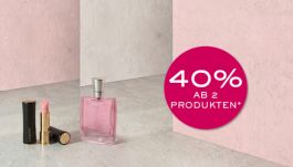 Rabattaktion für Lancôme-Parfums: zwei Flaschen und Lippenstift mit 40% Ersparnis ab zwei Produkten.