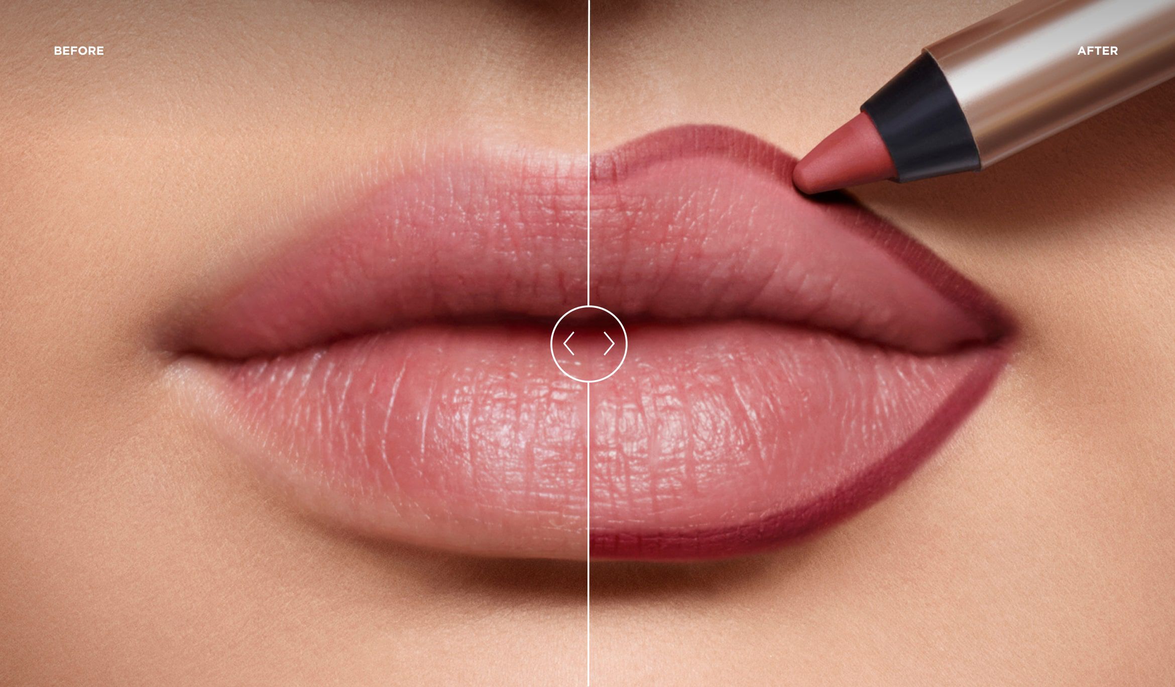 Lippen-Make-up Vergleich: links ungeschminkt, rechts mit Konturenstift akzentuiert für ein volleres Aussehen.